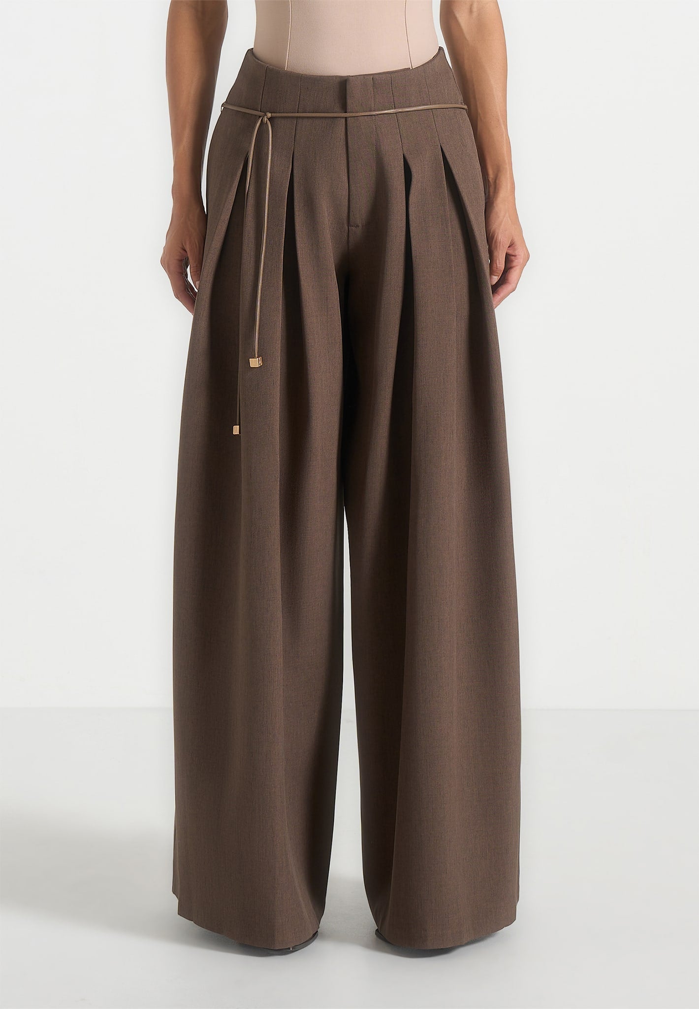 Flora - Box Pleat Wide Leg Belted Pants - Brown