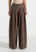 Flora - Box Pleat Wide Leg Belted Pants - Brown