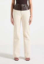 Renee - Denim & Leather Straight Leg Jeans - Cream/Brown