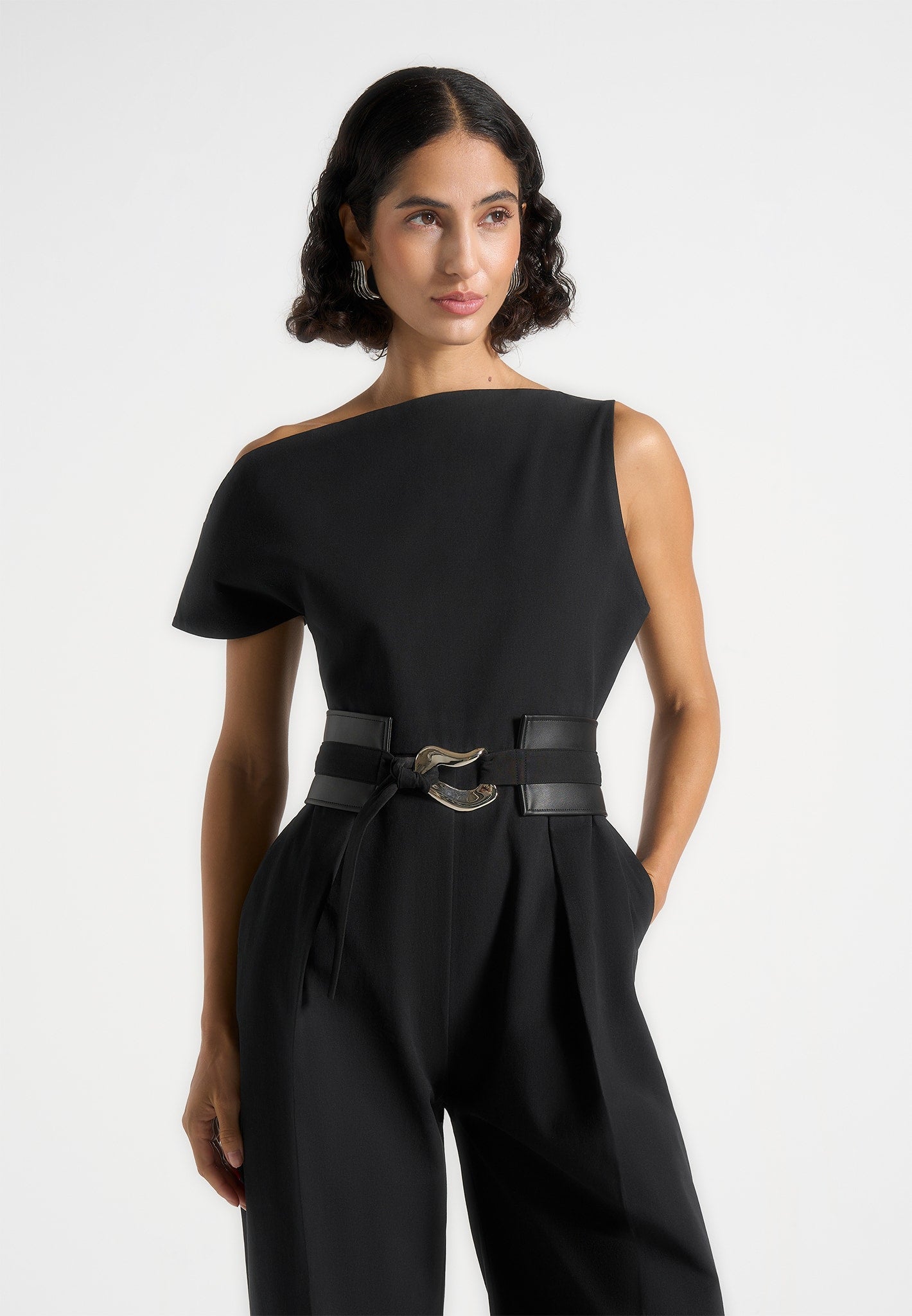Valerie - Tailored Off Shoulder Jumpsuit With Belt - Black 