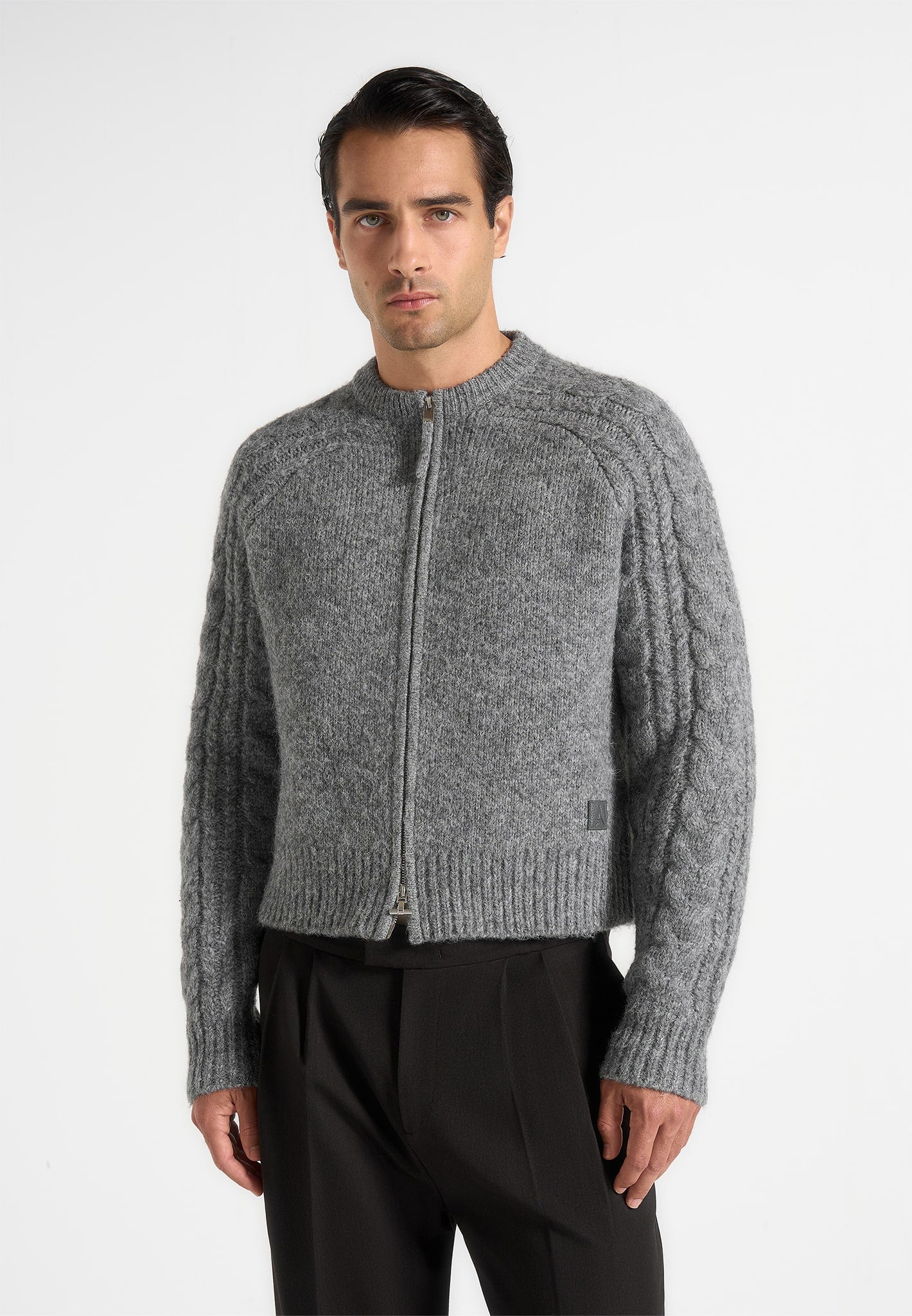 gaby-speckled-cable-knit-zip-cardigan-grey