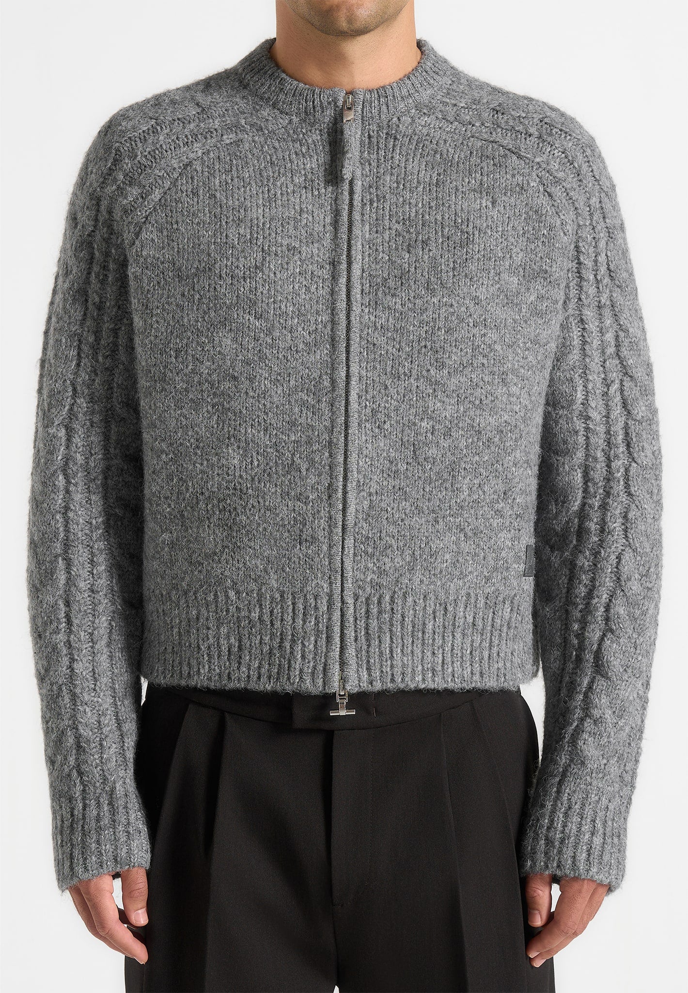 gaby-speckled-cable-knit-zip-cardigan-grey
