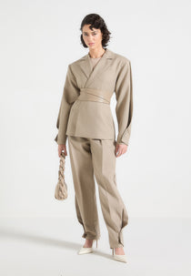 Marie - Twist Sleeve Tailored Blazer with Belt - Taupe