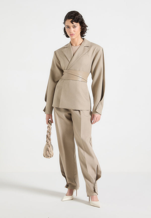 Marie - Twist Sleeve Tailored Blazer with Belt - Taupe