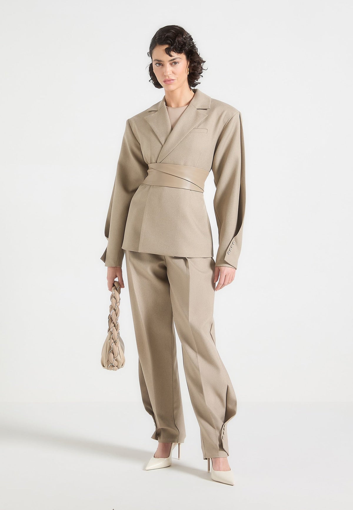 M⁠arie - Twist Sleeve Tailored Blazer with Belt - Beige