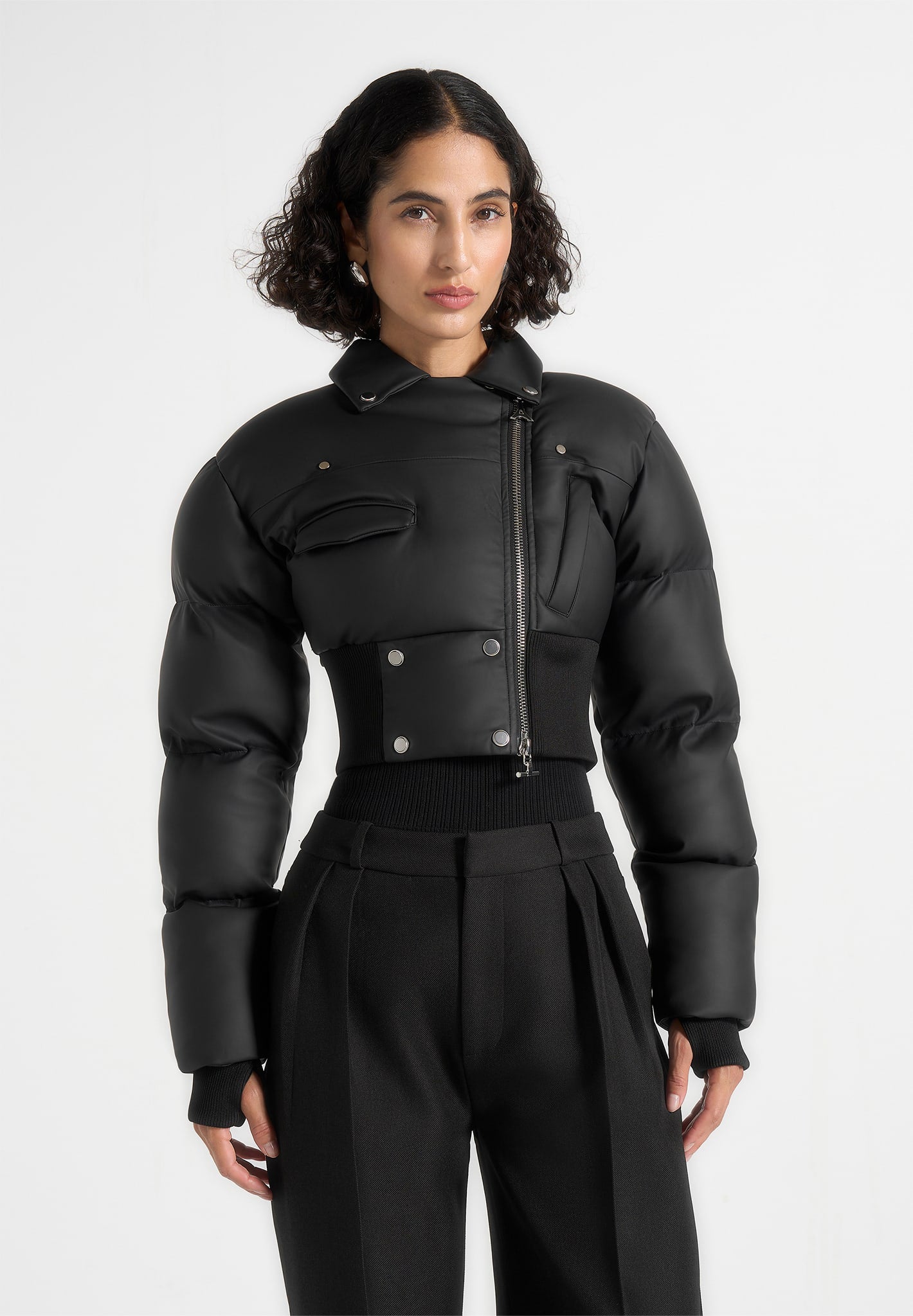 Dalya - Matte Cropped Biker Puffer Jacket - Black