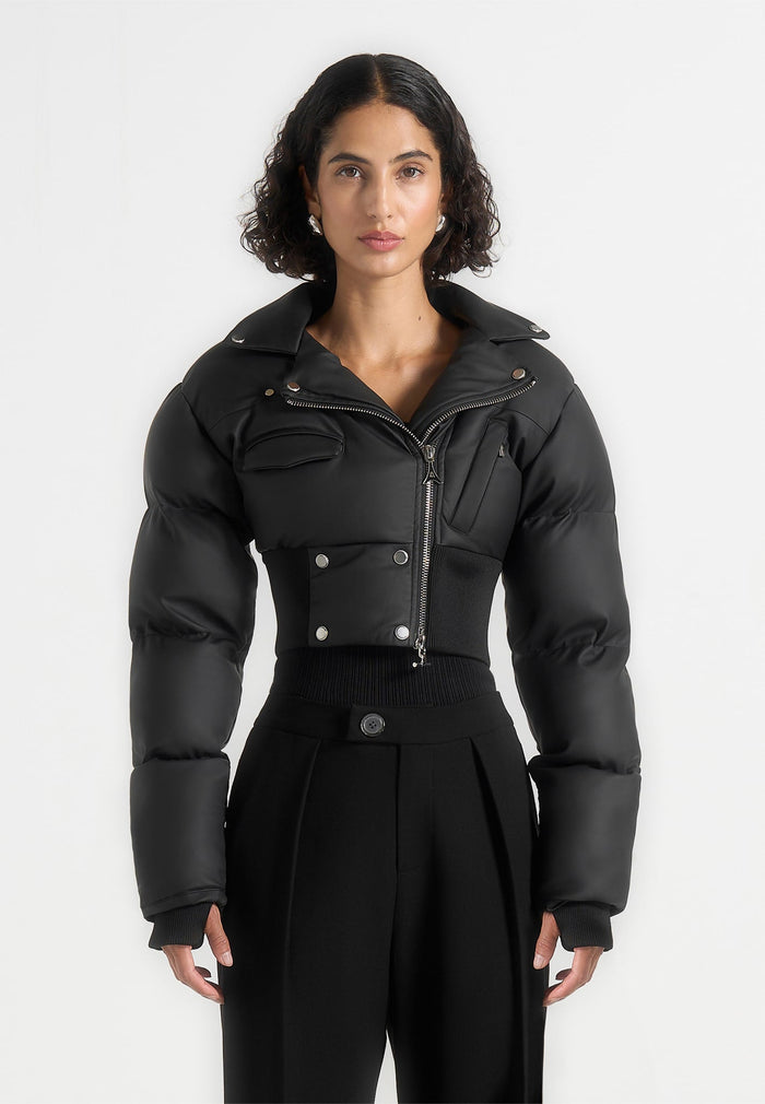 Dalya - Matte Cropped Biker Puffer Jacket - Black