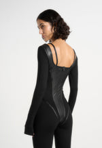 Leather and Bandage Corset Jumpsuit - Black