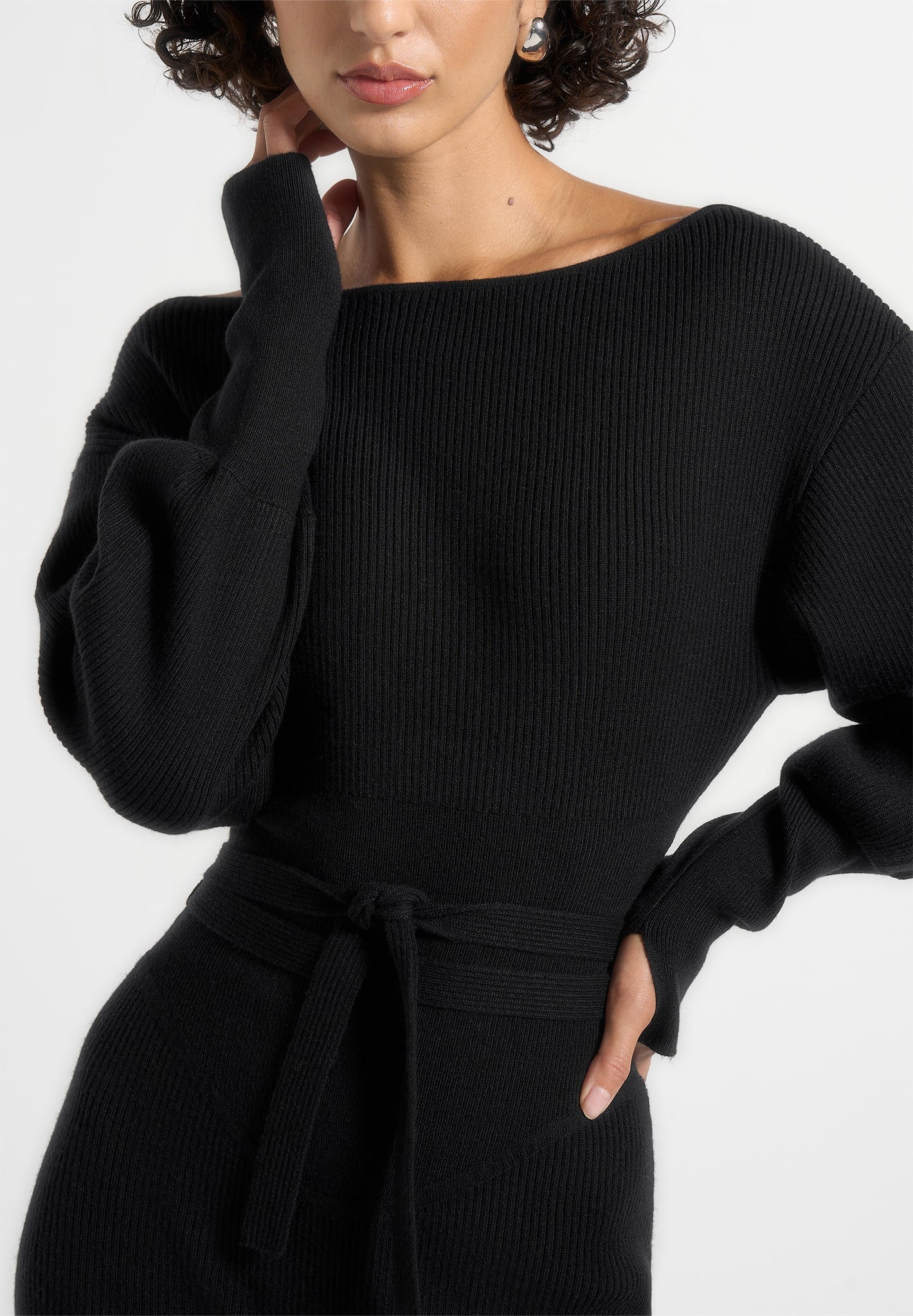 Raya - Off Shoulder Knitted Playsuit With Belt - Black