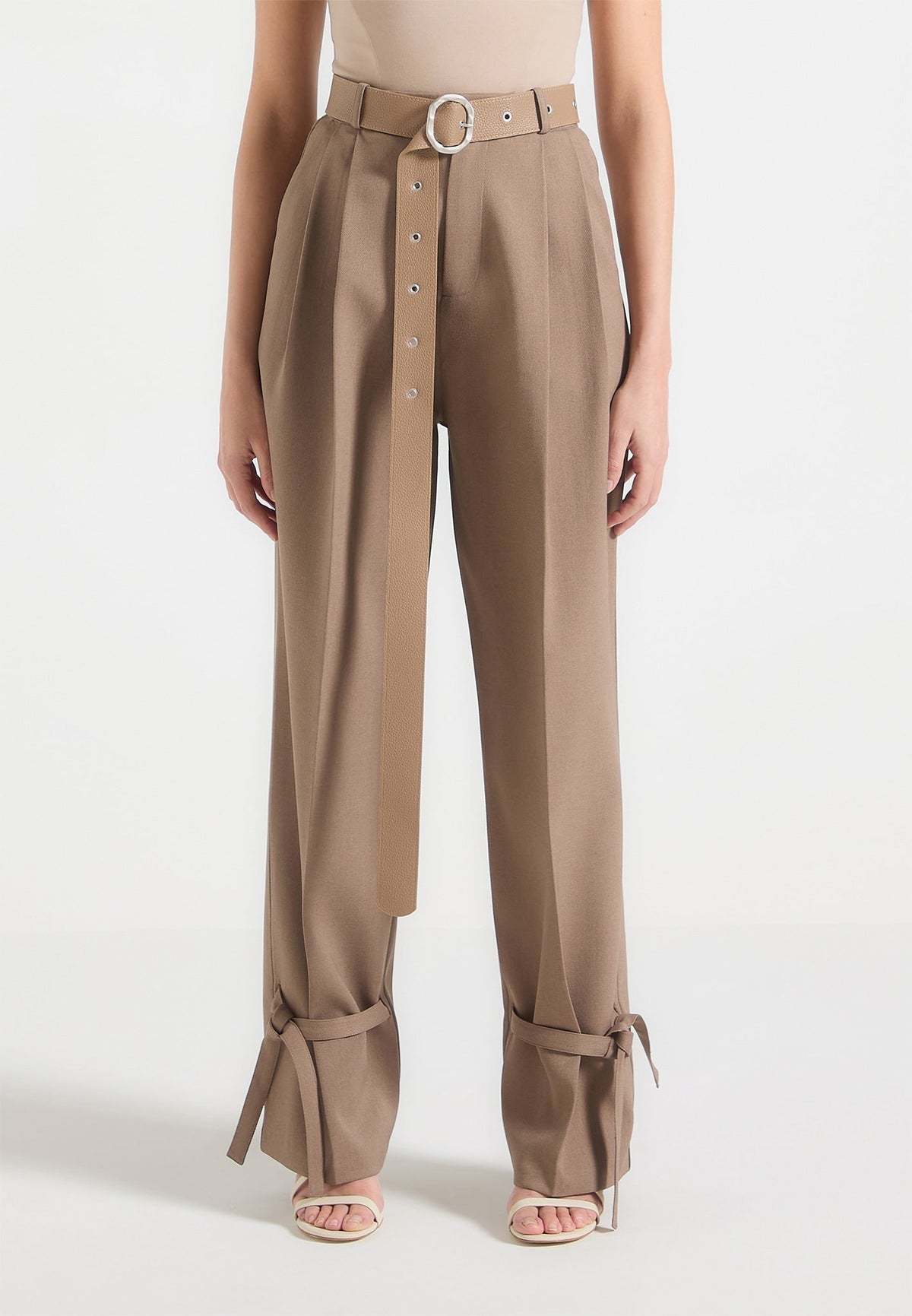 Suzanne - Tailored Pants with Oversized Belt and Ankle Ties - Taupe