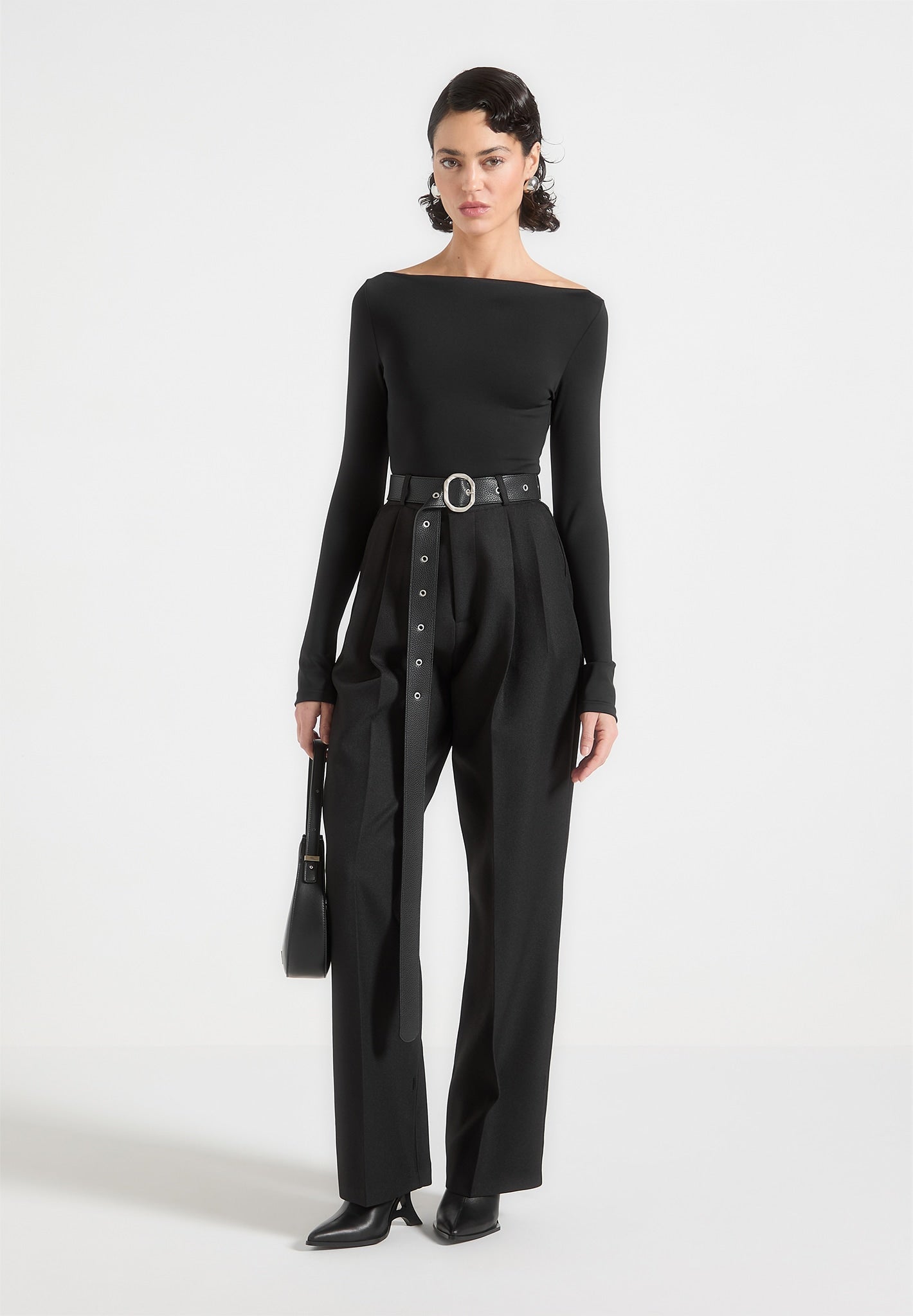 Suzanne - Tailored Pants with Oversized Belt and Ankle Ties - Black 
