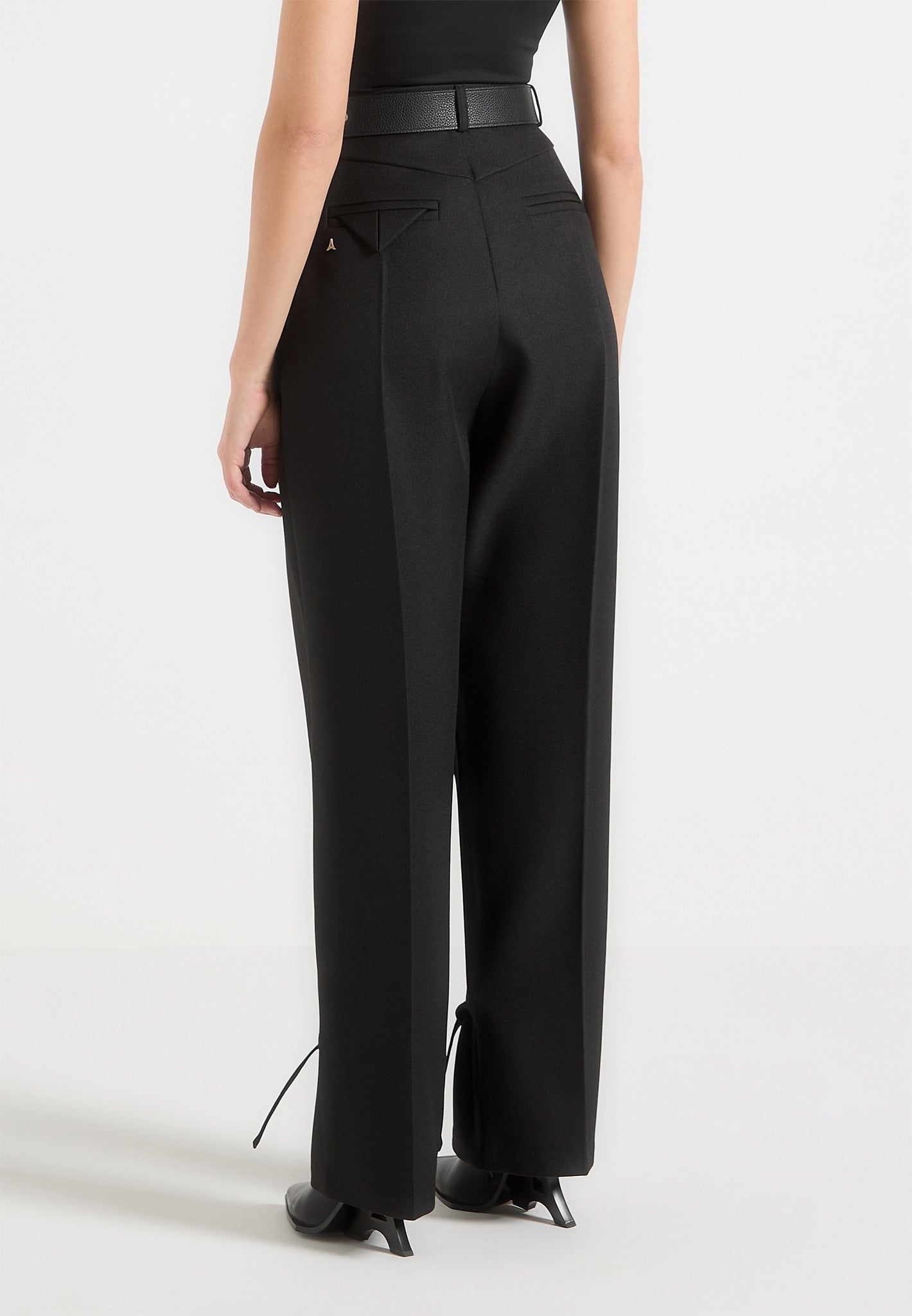 Suzanne - Tailored Pants with Oversized Belt and Ankle Ties - Black