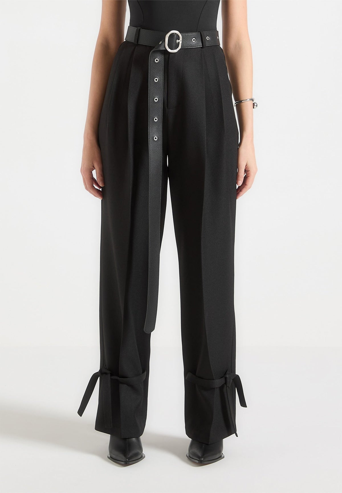 Suzanne - Tailored Pants with Oversized Belt and Ankle Ties - Black
