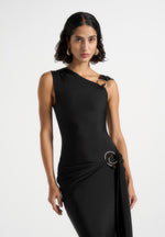 Rania - Asymmetric Draped Midaxi Dress - Black