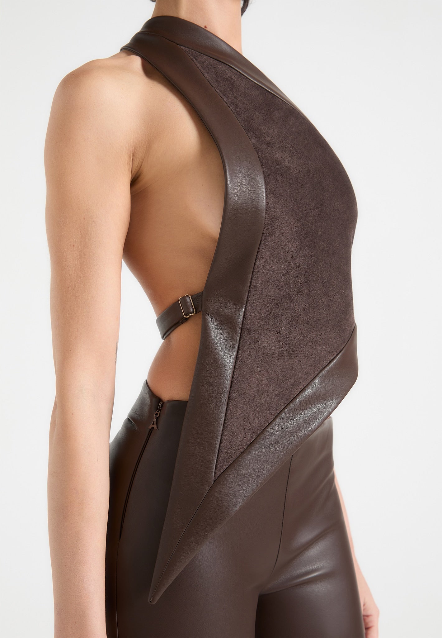 suede-and-leather-asymmetric-backless-top-brown