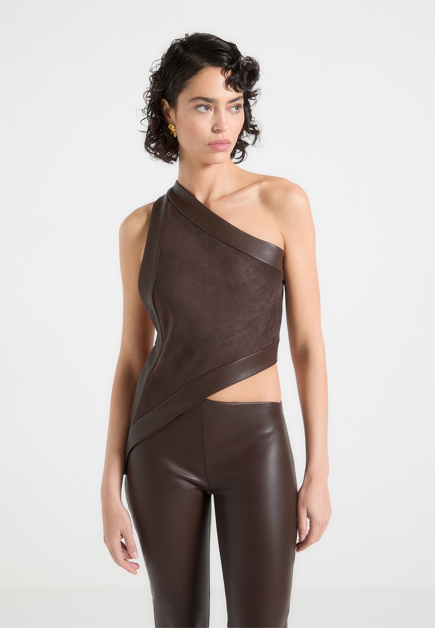 suede-and-leather-asymmetric-backless-top-brown