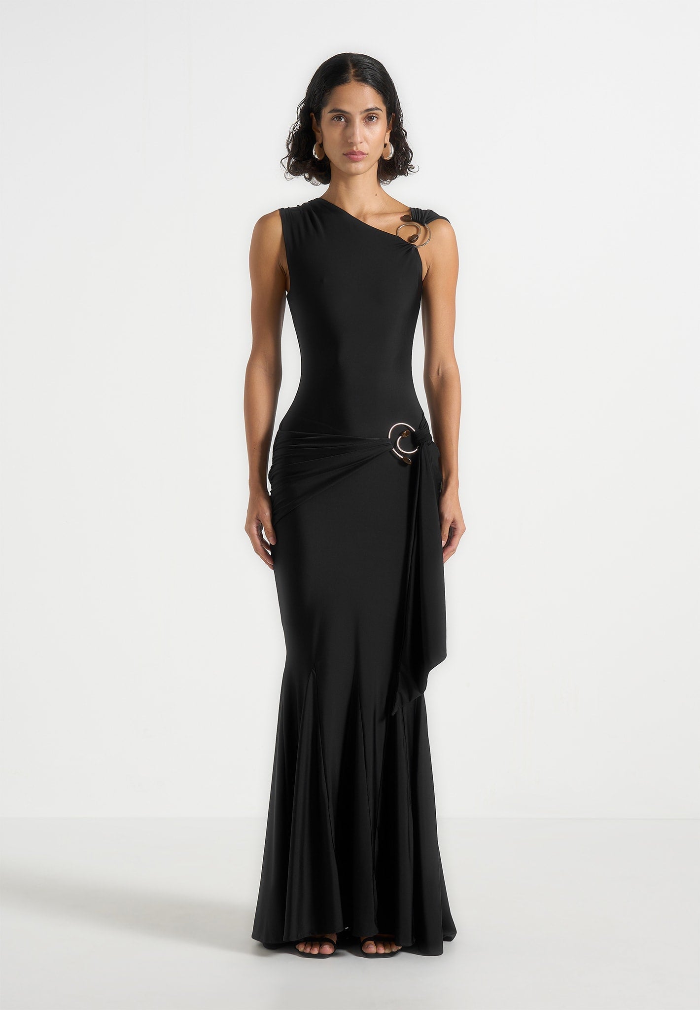 Rania - Asymmetric Draped Midaxi Dress - Black