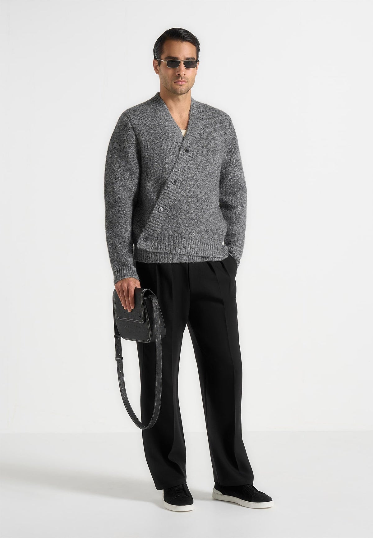 Dani - Unisex Asymmetric Brushed Knit Cardigan - Grey