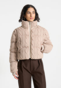 2-in-1 Cable Knit Puffer Jacket/Gilet - Beige