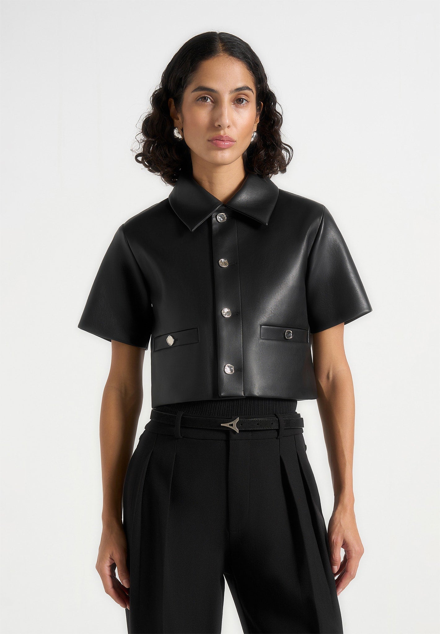 Dory - Leather Cropped Shirt - Black 