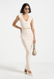 Helene - Knitted Maxi Dress with Belt - Beige