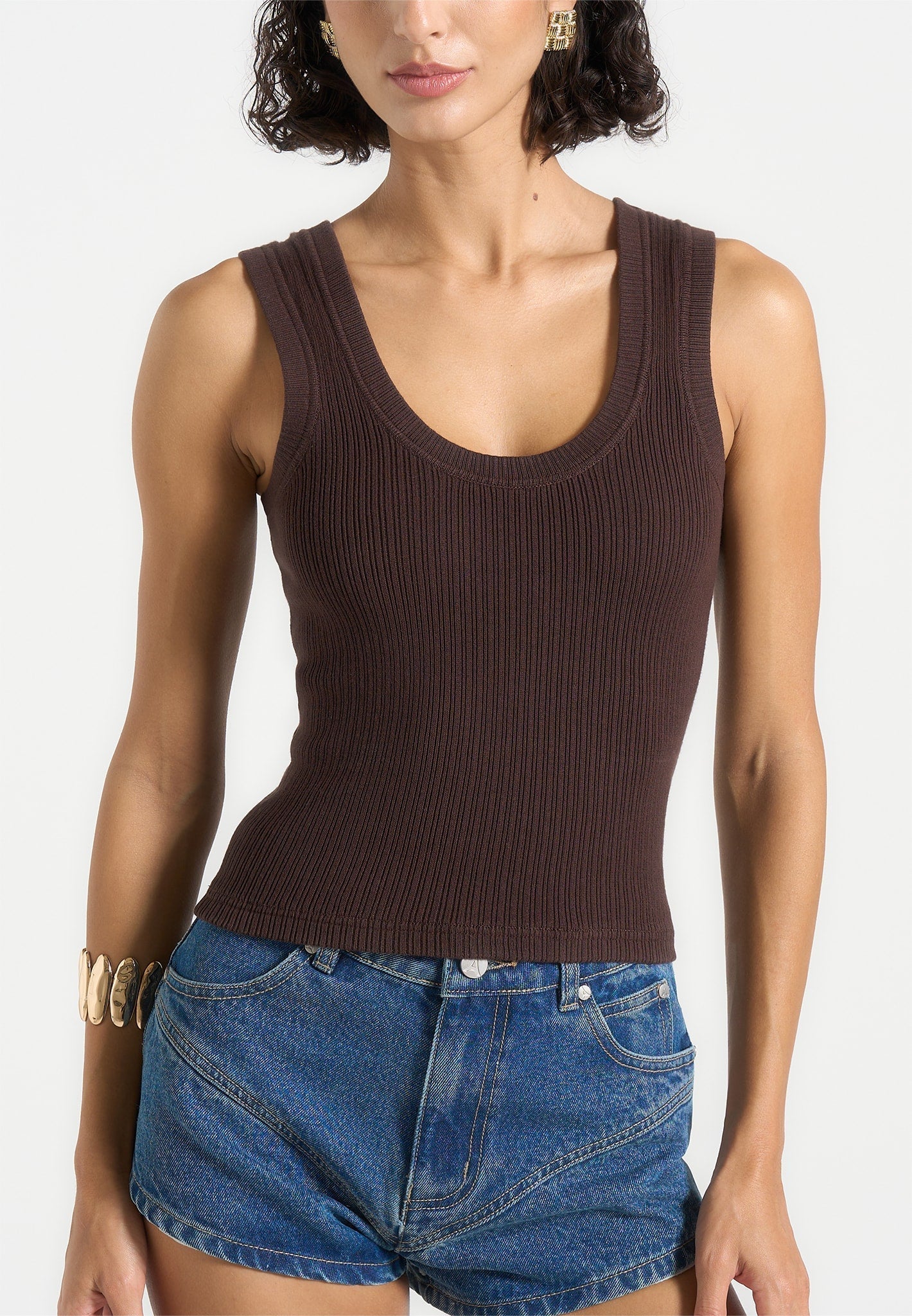 VS001 - Scoop Neck Ribbed Tank Top - Brown