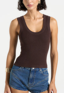 Liane - Scoop Neck Ribbed Tank Top - Brown