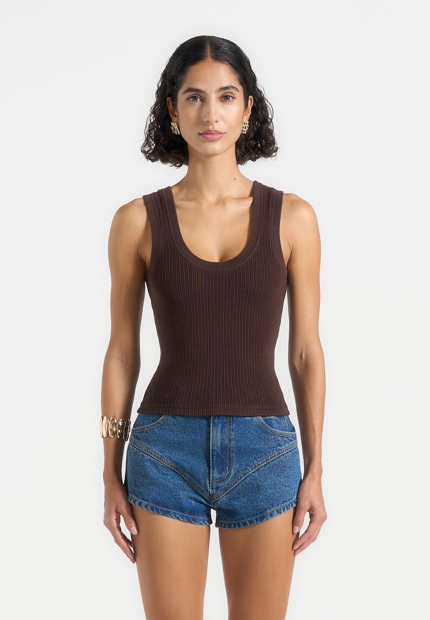 VS001 - Scoop Neck Ribbed Tank Top - Brown