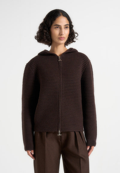 Eden - Unisex Ribbed Knit Zip Up Hoodie - Brown