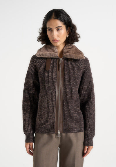 ariel-unisex-plush-collar-speckled-knit-jacket-brown