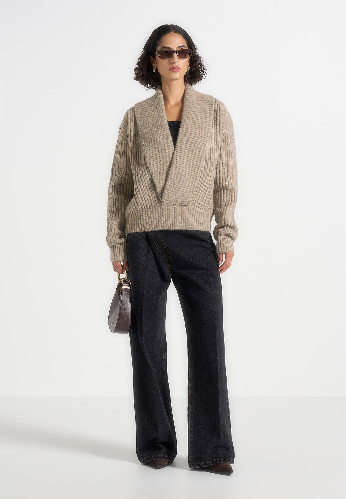 Azra - Plunge Knit Sweater - Taupe