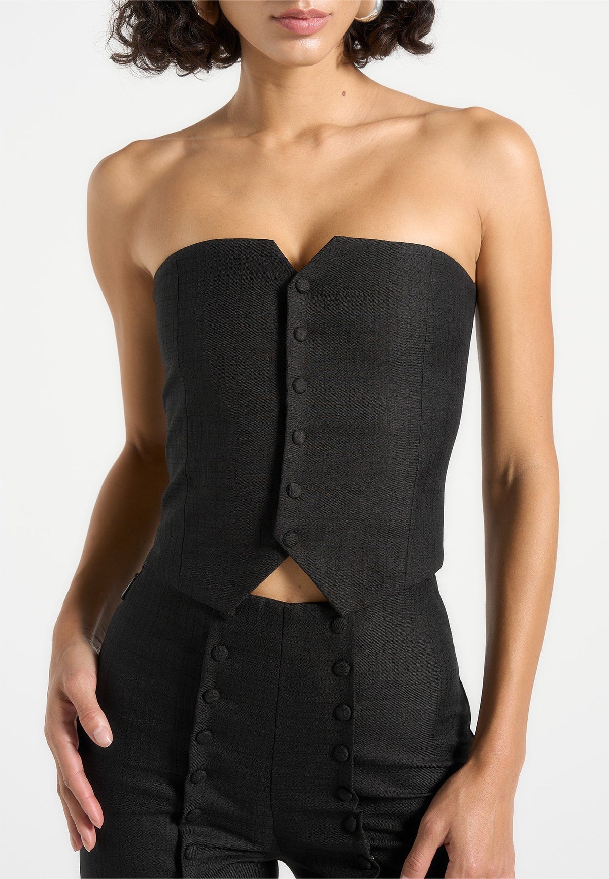 Lise - Cropped Tailored Blazer & Button Detail Bandeau - Black