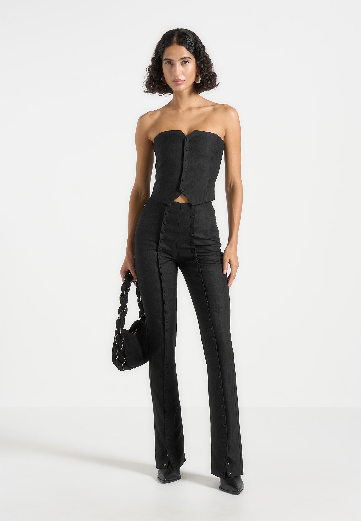 Lise - Cropped Tailored Blazer & Button Detail Bandeau - Black