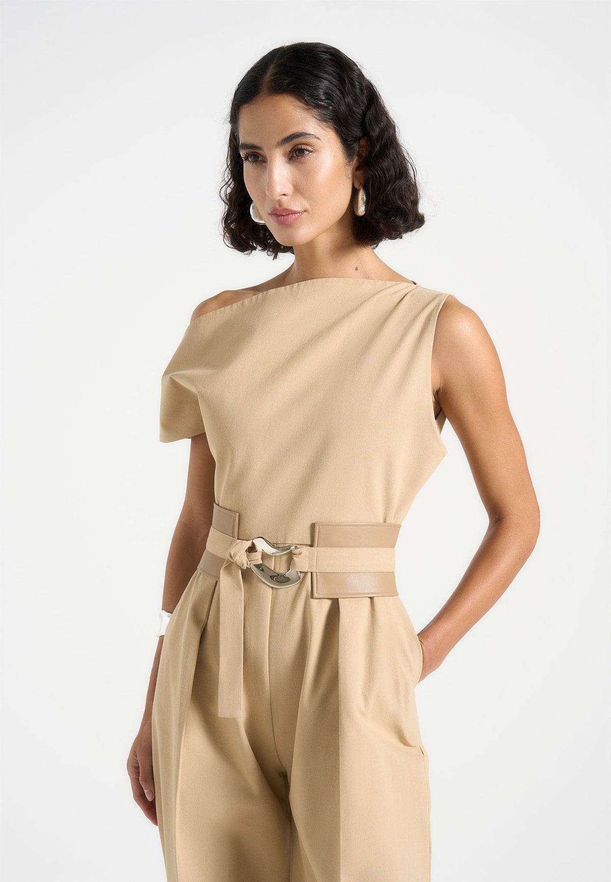 Valerie - Tailored Off Shoulder Jumpsuit with Belt - Beige