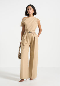Valerie - Tailored Off Shoulder Jumpsuit with Belt - Beige
