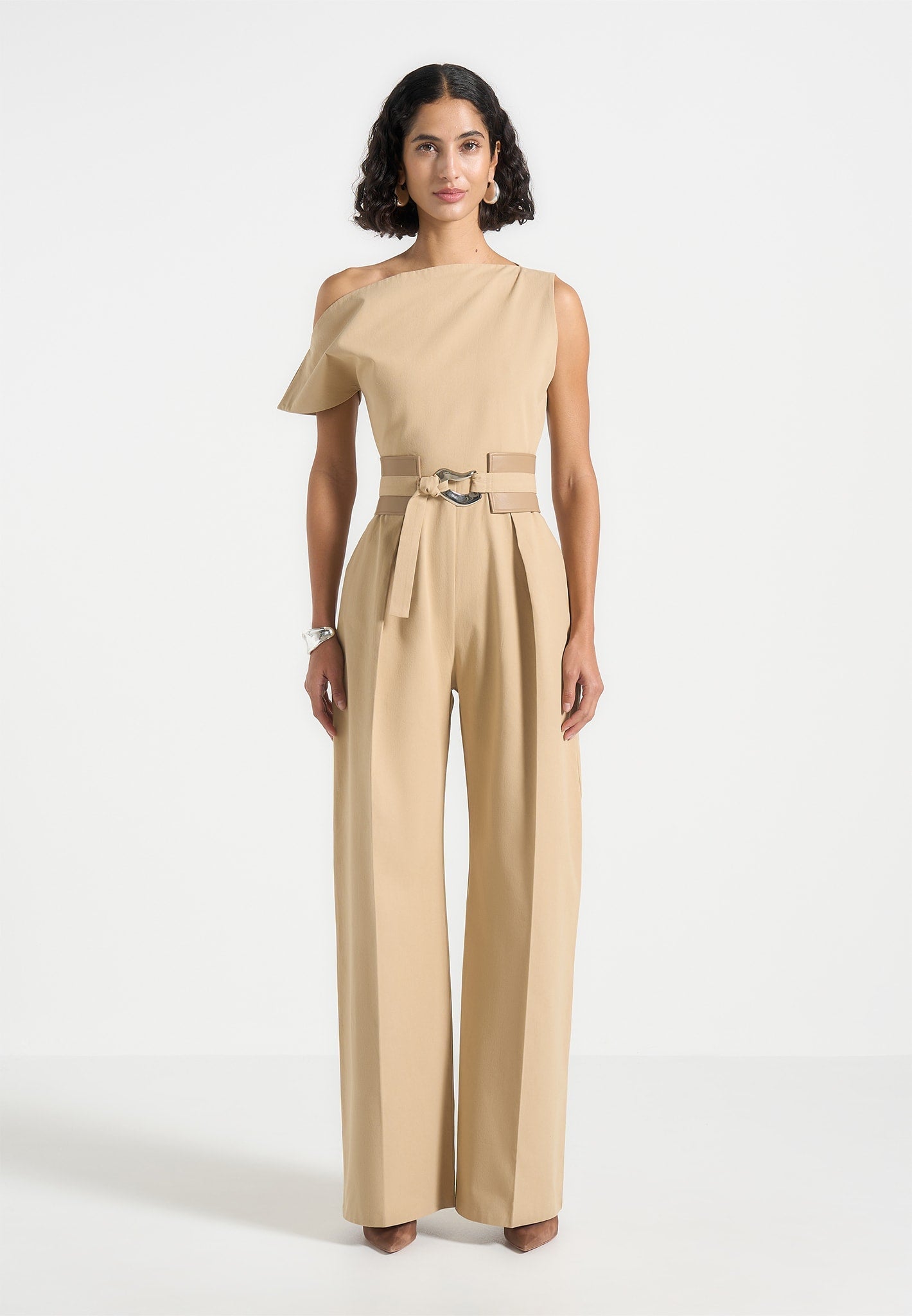 Valerie - Tailored Off Shoulder Jumpsuit with Belt - Beige