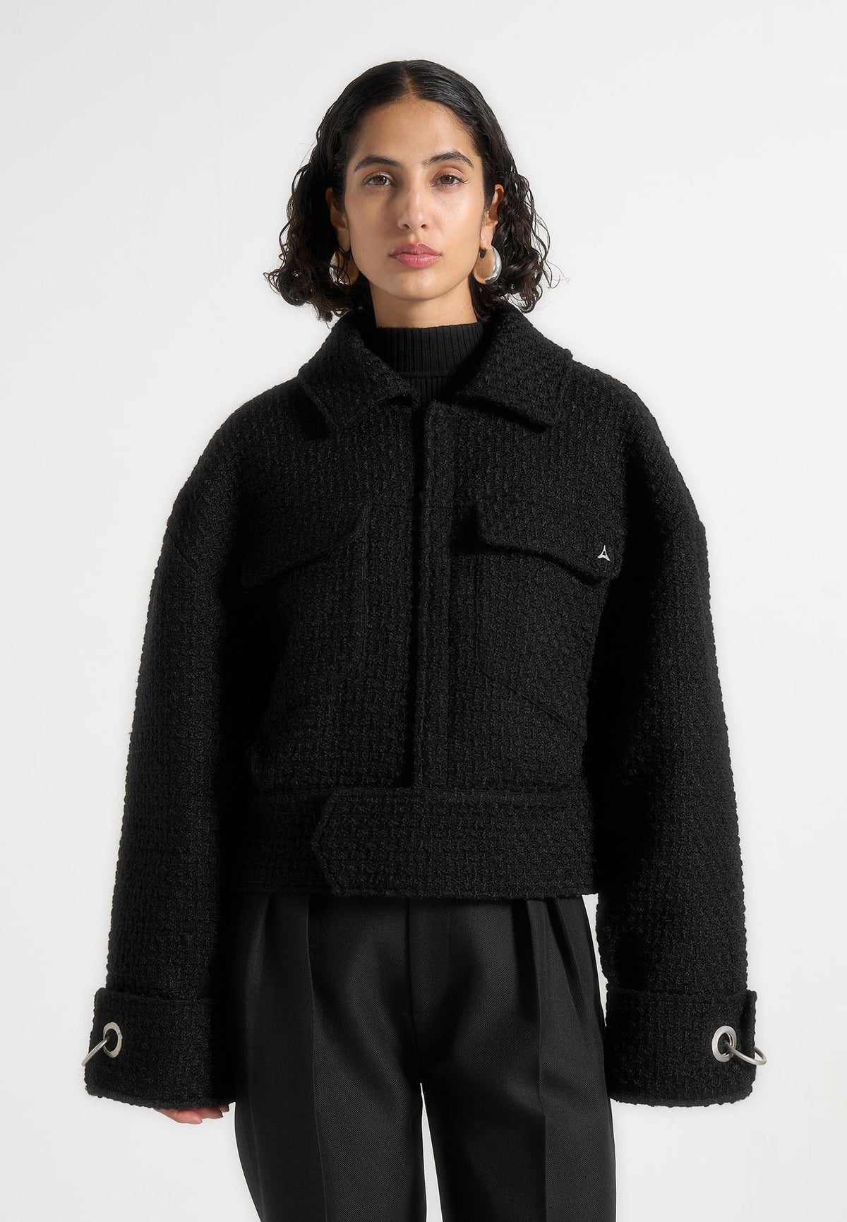 Naela - Boxy Tweed Jacket With Cuff Detail - Black