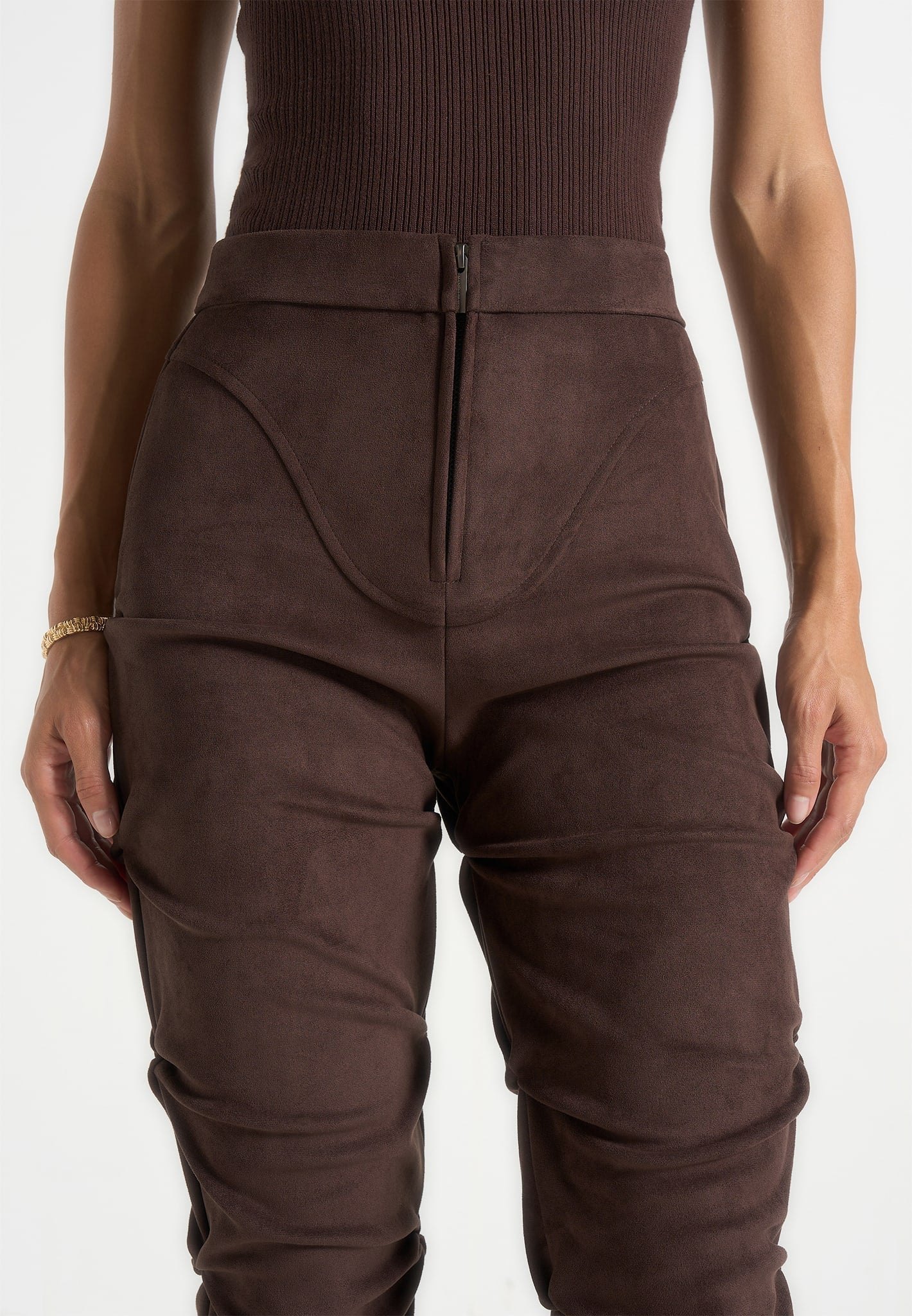 Caroline - Tacked Suede Fit & Flare Pants - Brown