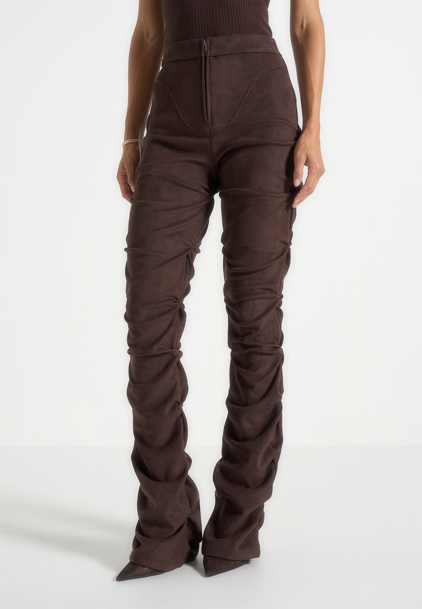 Caroline - Tacked Suede Flared Trousers - Brown 