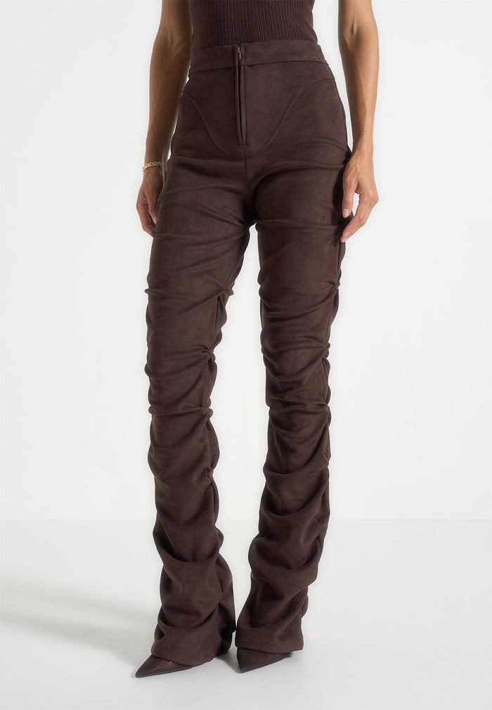 Caroline - Tacked Suede Fit & Flare Pants - Brown