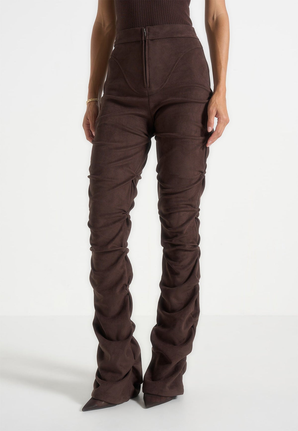 Caroline - Tacked Suede Fit & Flare Pants - Brown