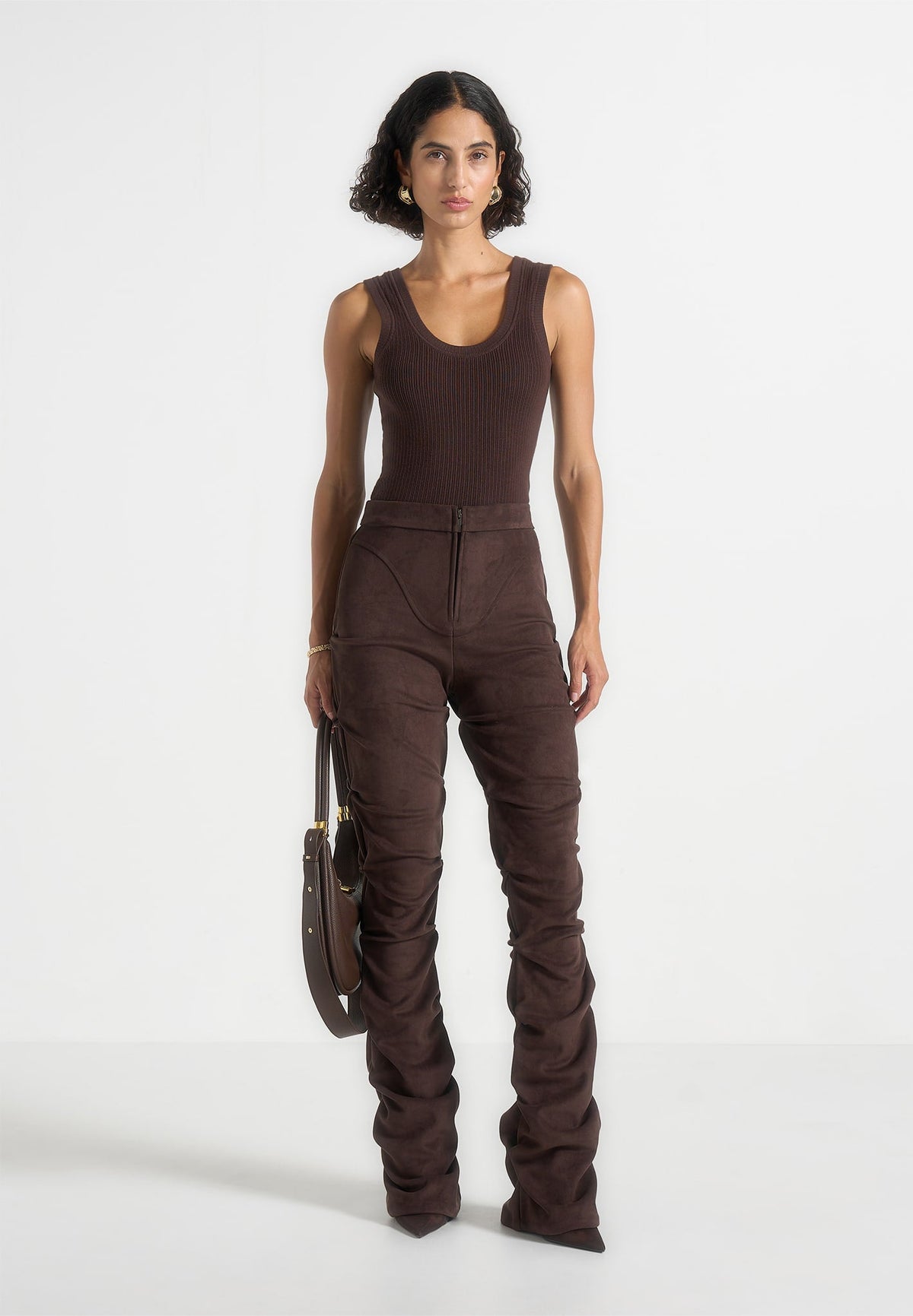 Caroline - Tacked Suede Fit & Flare Pants - Brown