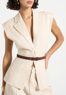 Linda - Linen Wide Shoulder Cinched Waistcoat - Natural