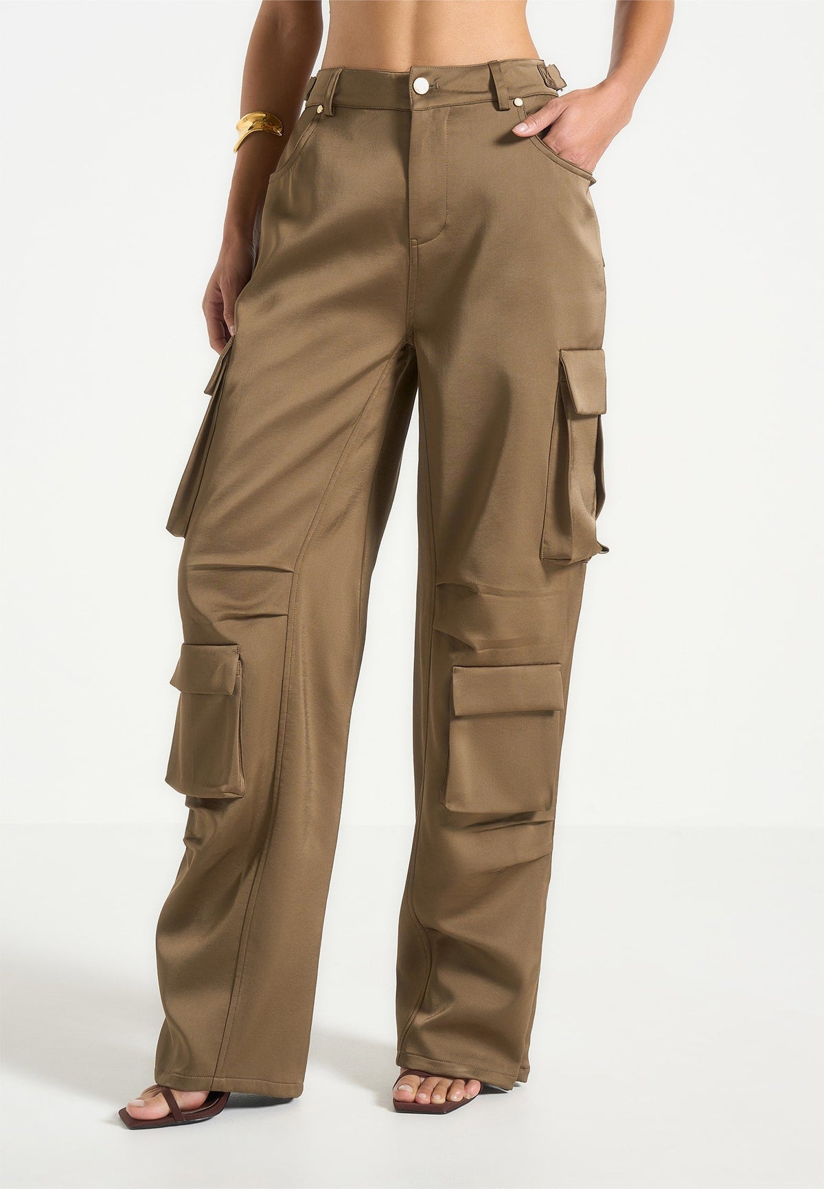 Emilie - Satin High Waisted Cargo Pants - Dark Olive