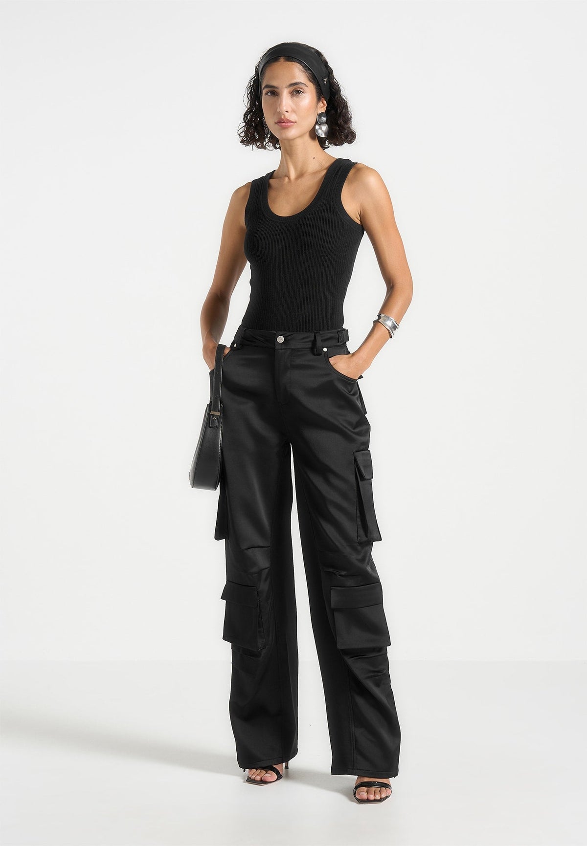 Emilie - Satin High Waisted Cargo Pants - Black