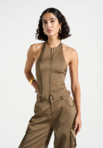 Claudette - Satin Halterneck Backless Top - Dark Olive