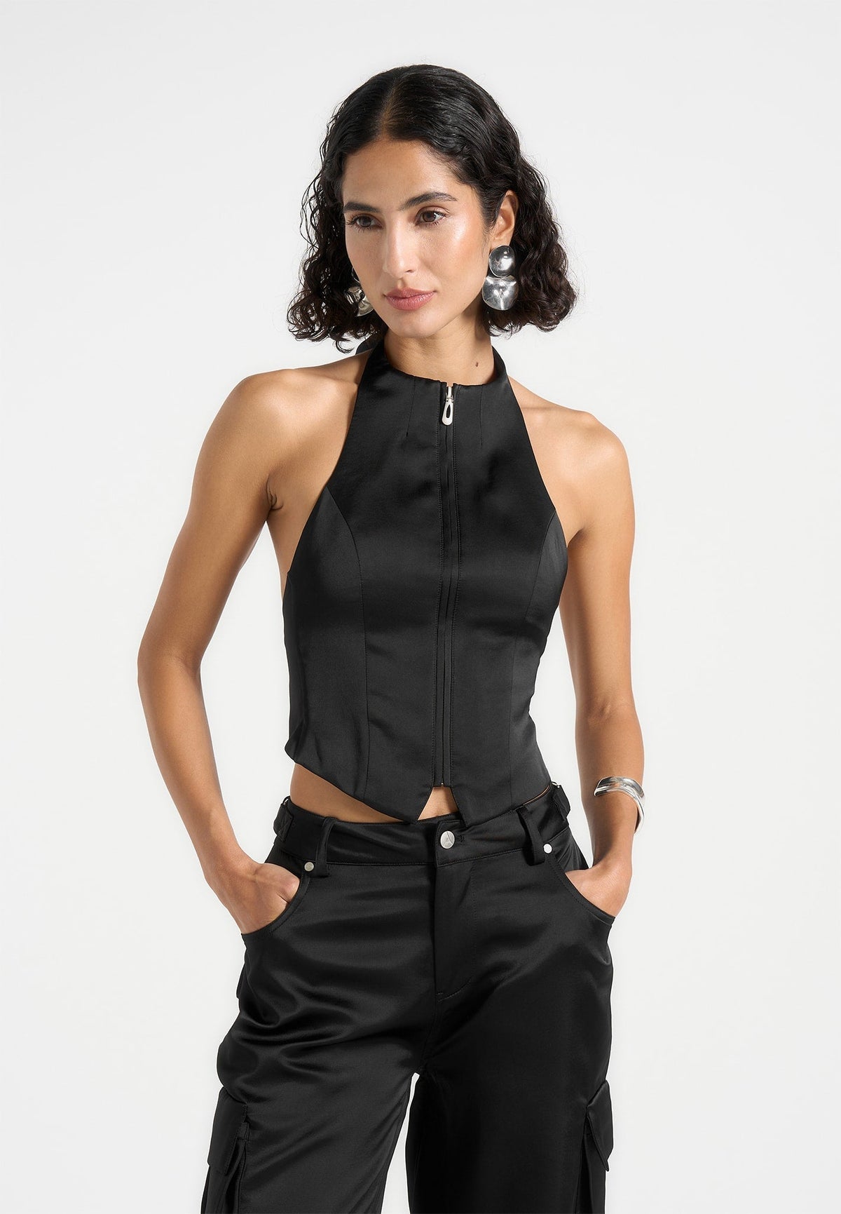Claudette - Satin Halterneck Backless Top - Black