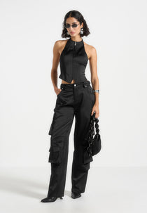 Claudette - Satin Halterneck Backless Top - Black