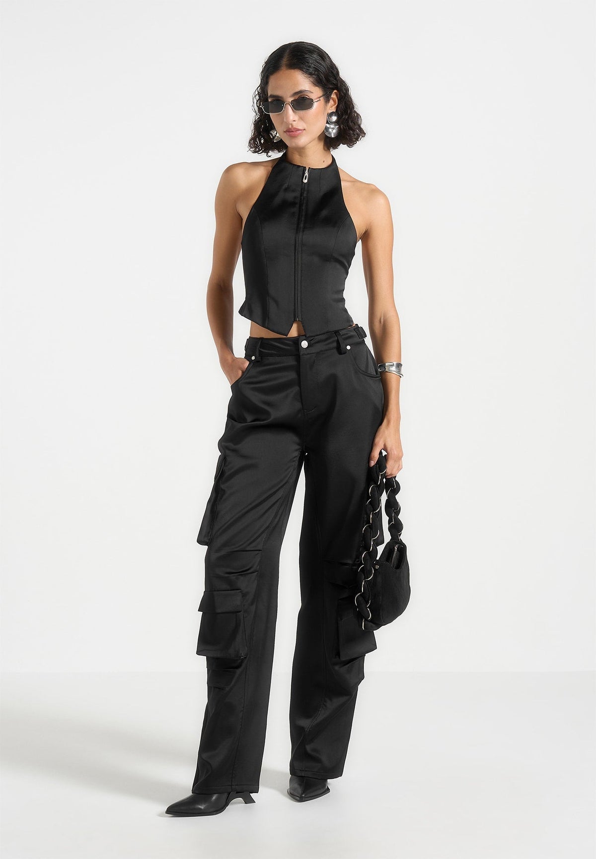 Claudette - Satin Halterneck Backless Top - Black