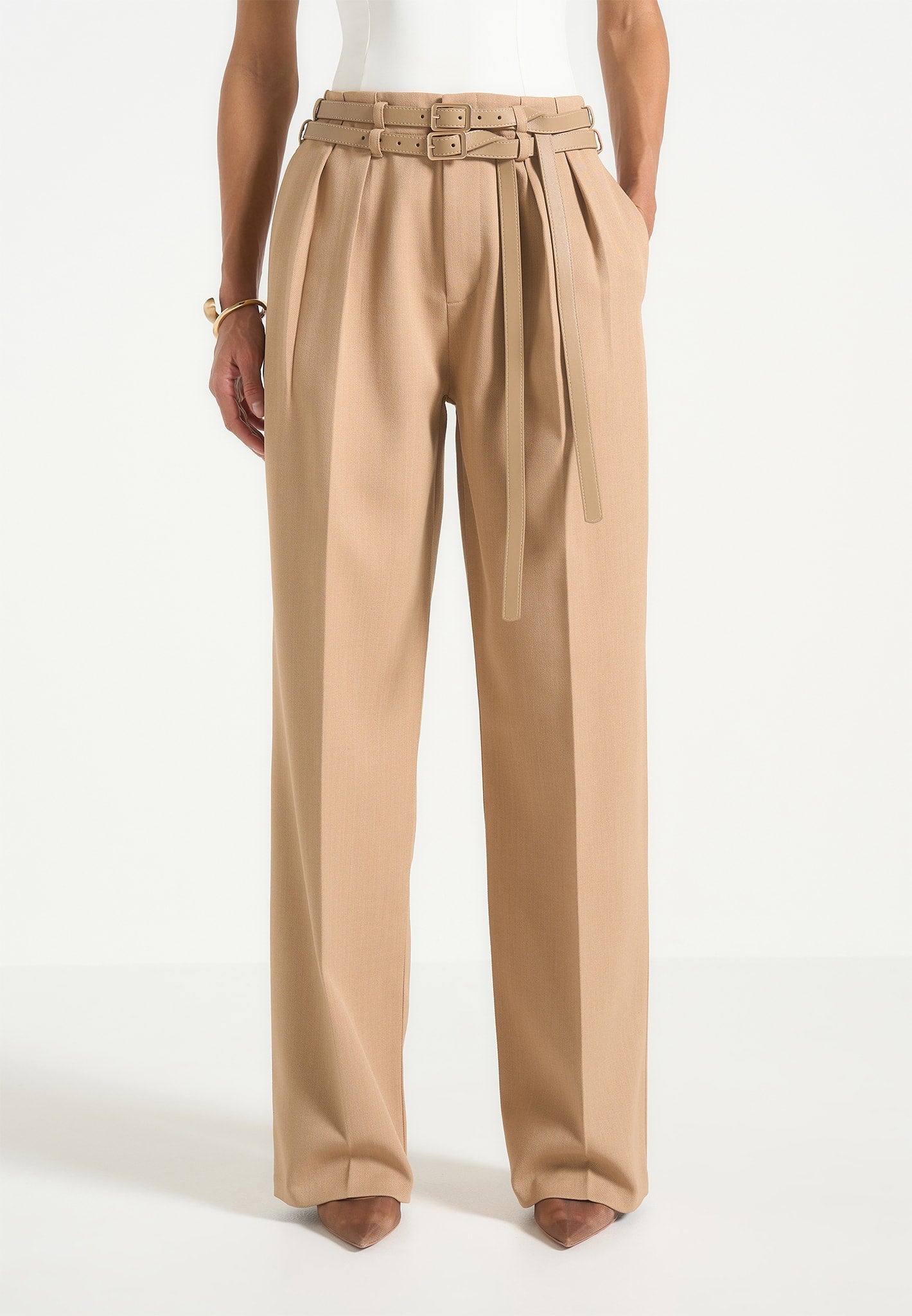 Pascale - Tailored Twin Belt Pants - Dark Beige